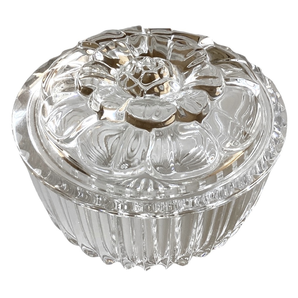 Bohemian Round Crystal Box Ribbed Sides And 3D Raised Floral Lid Vintage